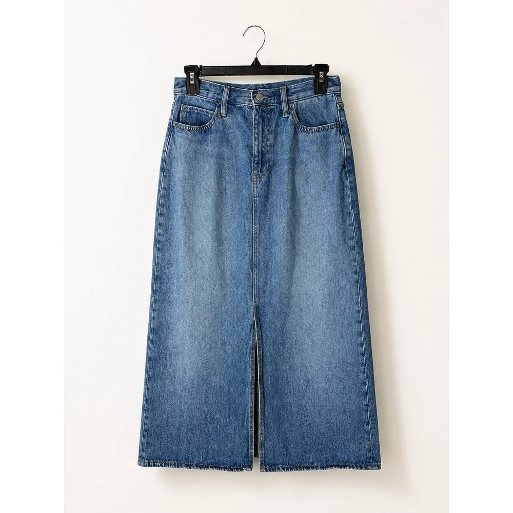 Uniqlo Denim Midi Skirt Women 10 Blue Medium Wash Front Slit Straight Jean